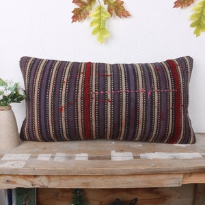 Boho Pillow, Gift Pillow, 12x24 Vintage Pillow, Kilim Cushion Sham, Blue Pillow, Turkish Lumbar Pillow, Boho Stripe Pillow,
