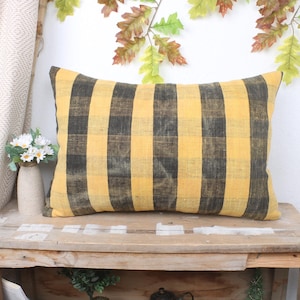 Interior Designer Pillow, Vintage Pillow, 16x24 Ethnical Kilim Rug Pillow, Pillow for Sofa, Yellow Cushion Case, Turkish Lumbar  Pillow,