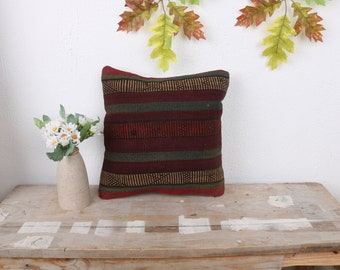 Kilim Cushion Sham, Antique Pillows, 12x12 Pillow for Sofa, Pillow for Couch, Red Pillow Cover, Boho Stripe Pillow, Seat Pillow, Cute Throw,