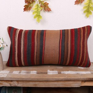 Ethnical Kilim Rug Pillow, Turkish Kilim Pillow, 12x24 Gift Pillow, Throw Kilim Pillow, Purple Pillow, Boho Rectangular  Pillow,