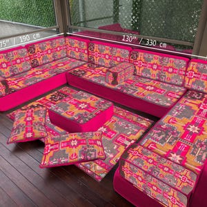 Fuchsia Tribal Majlis Floor Sofa Set, Geometric Patchwork Turkish Modular Seating, Vibrant Color Sofa Lounge Decor, Oriental Lounge Couch