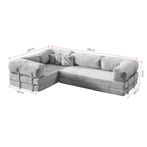 May include: A large, light gray sectional sofa with multiple cushions. The sofa is 300 cm long, 200 cm wide, and 76 cm high. The armrests are 100 cm wide. The seat depth is 36 cm. The sofa is designed for comfort and relaxation.