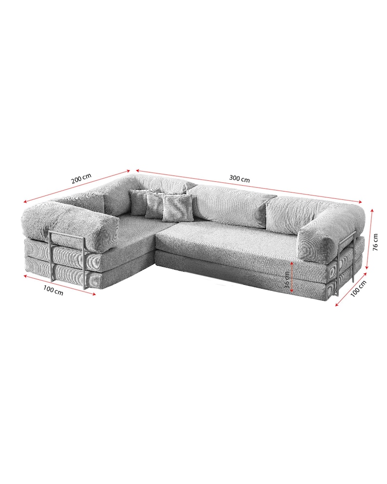 May include: A large, light gray sectional sofa with multiple cushions. The sofa is 300 cm long, 200 cm wide, and 76 cm high. The armrests are 100 cm wide. The seat depth is 36 cm. The sofa is designed for comfort and relaxation.
