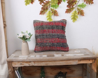 Throw Kilim Pillow, Pillow for Couch, 14x14 Vintage Kilim Throw Pillow, Home Decor Pillow, Red Pillow Cover, Striped Pillow, Holiday Decor,
