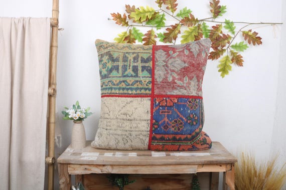Kissen für Sofa, Vintage Kissen, 24x24 Antike Kissen, Boho Kissen Sham-Überzug, Blauer Kissenbezug, Patchwork Kissen, Handgeknüpftes Kissen,