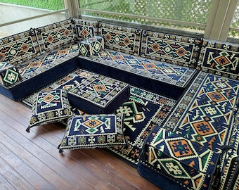 Set di sedute da patio Kilim blu navy, divano Majlis turco, mobili da salotto da esterno, set di cuscini angolari in stile boho