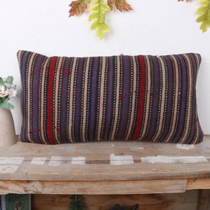 Vintage Kilim Throw Pillow, Throw Kilim Pillow, 12x24 Kilim Cushion Sham, Pillow for Sofa, Blue Pillow Cover, Boho Stripe Pillow,