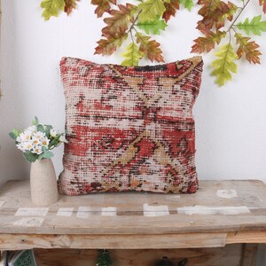 Boho Pillow, Kilim Pillow Cover, 16x16 Gift Pillow, Home Decor Pillow, Red Cushion Case, Hand Knotted Pillow, Bohemian Cushion Pillow,