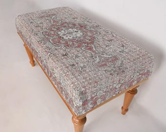 Wood Work Bench, Coffee Bench, Ottoman Bench, Upholstered Bench, Turkish Rug Bench, Kilim Bench, Home Decor Bench, Handmade Bench