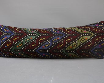 Kelim Kissen,Kilim Pillow, Anatolian Pillow,Lumbar Pillow, Embroidered Pillow, Brown Pillow, Cushion Case 16x48 Decor, Turkish Pillow 1653