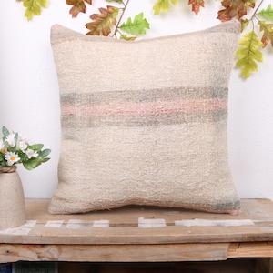 Boho Pillow Sham Cover, Handmade Kilim Cushion, 20x20 Kilim Cushion Sham, Turkish Pillow, White Pillow, Ethnic Hemp  Pillow,