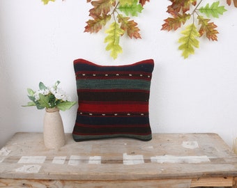 Kilim Cushion Sham, Boho Pillow, 12x12 Pillow for Sofa, Handmade Kilim Cushion, Red Cushion Case, Boho Stripe Pillow, Aesthetic Cushion,