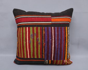 Turkish Kilim Pillow, Kilim Pillow Covers, Kilim Pillows, 24x24 Purple Pillow Covers, Striped Pillow, Fun Throw Pillow, 3616