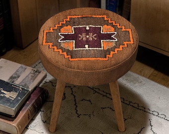 Brown Tribal Bench, Southwestern Rug Ottoman Bench, Rustic Round Vanity Bench, Boho Cabin Furniture, Coffee Table Bench, Bench For Bedroom