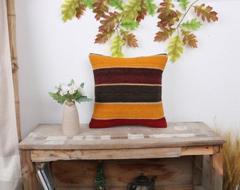 Pillow for Couch, Vintage Kilim Pillow, 14x14 Gift Pillow, Home Decor Pillow, Yellow Cushion Case, Striped Pillow, Aesthetic Cushion Case,