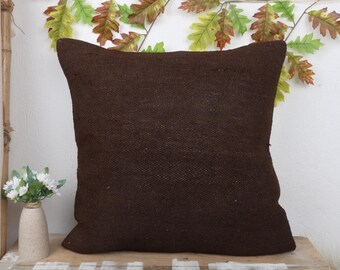 Cojín Kilim turco, cojines antiguos, cojín vintage de 60x60 cm, funda de cojín boho, funda de cojín marrón, cojín minimalista liso.