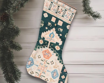 May include: A festive Christmas stocking with a teal background and a cream and peach pattern. The stocking is suspended by a silver loop. The design features geometric and floral elements. The background includes a Christmas tree branch and decorations.