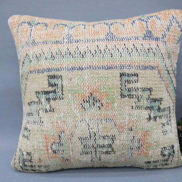 Pillow Cover, Turkish Pillow, Throw Pillow, 16x16 Beige Case, Rug Pillow, Rustic Cushion, Sofa Cushion, Handmade Cushion,  10418