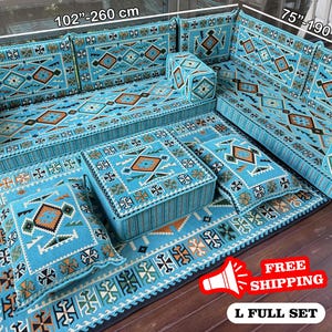 Turquoise Floor Sofa, Ottoman Floor Seating, U-shaped Floor Cushion, Sectional Floor Sofa, Kilim Pattern Pillow, Home Decor, Turkish Kilim,
