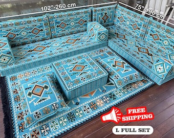 Turquoise Floor Sofa, Ottoman Floor Seating, U-shaped Floor Cushion, Sectional Floor Sofa, Kilim Pattern Pillow, Home Decor, Turkish Kilim,