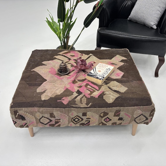 Large Vintage Kilim Ottoman Coffee Table - 28x38x14 Inches Handmade Boho Floral Rug Upholstered Bench - Rustic Living Room Accent Furniture
