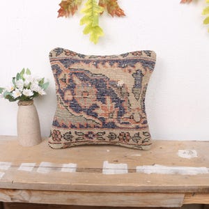 Interior Designer Pillow, Antique Pillows, 12x12 Ethnical Kilim Rug Pillow, Pillow for Sofa, Blue Cushion, Hand Knotted Pillow,