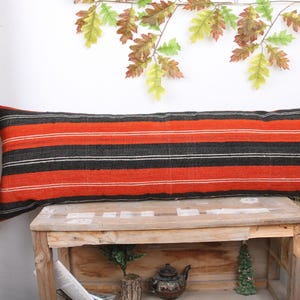 ヴィンテージ枕、ボヘミアン枕、16x48 ハンドメイドキリムクッション、トルコ枕、オレンジクッションケース、ランバーピロー、コンテンポラリーストライプピロー、