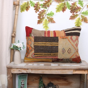 Throw Kilim Pillow, Gift Pillow, 16x24 Pillow for Sofa, Vintage Pillow, Brown Pillow Cover, Vintage Turkish Lumbar Pillow, Patchwork Pillow,