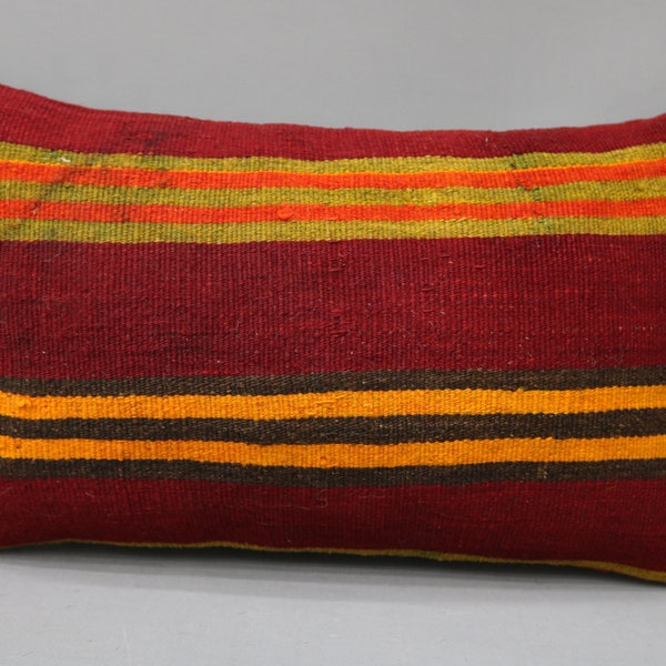 Turkish Pillow, Throw Pillow, Turkish Kilim Pillow, 12x20 Red Pillow, Striped Cushion, One Of A Kind Pillow, Cat Throw Pillow Cover, 4755