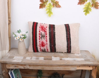 Vintage Pillow, Turkish Pillow, 12x20 Handmade Kilim Cushion, Throw Kilim Pillow, White Pillow, Turkish Lumbar Pillow, Boho Stripe Pillow,