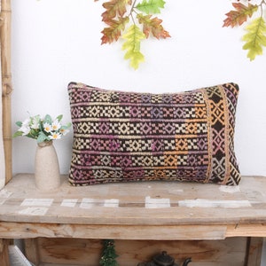 Kilim Pillow Cover, Ethnical Kilim Rug Pillow, 12x20 Pillow for Couch, Turkish Pillow, Pink Pillow, Rectangular Pillow, Patterned Pillow,