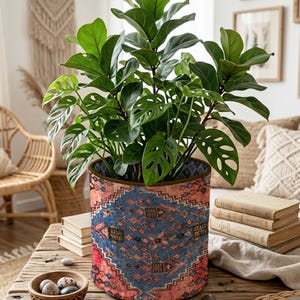 May include: A green fiddle leaf fig and monstera plant housed in a cylindrical fabric planter featuring a blue and red geometric pattern. The planter has a dark rim and sits on a wooden surface alongside a small wooden bowl filled with smooth stones.
