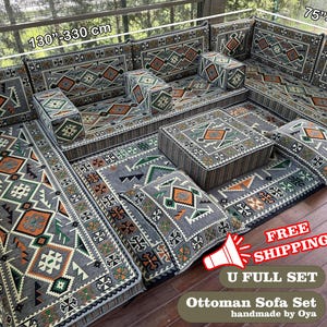 Gray Sofa, Ottoman Floor Seating, Traditional Floor Sofa, U-shaped Floor Cushion, Sectional Floor Seating, Kilim Pattern Pillow, Home Decor,