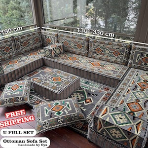 Gray Sofa Set,  Living Room Floor Sofa Set, Housewarming Gift, Ottoman Floor Pillow, Traditional Floor Sofa, U-shaped Sofa, Ottoman Sofa Set