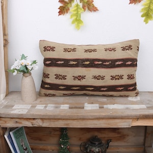 Vintage Kilim Pillow, Boho Pillow, 12x20 Pillow for Couch, Vintage Kilim Throw Pillow, Beige Cushion, Rectangular Pillow, Patterned Pillow,