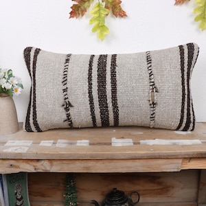 Pillow for Sofa, Kilim Pillow, 12x24 Boho Pillow Sham Cover, Vintage Pillow, Beige Cushion, Striped Lumbar  Pillow, Patchwork Pillow,