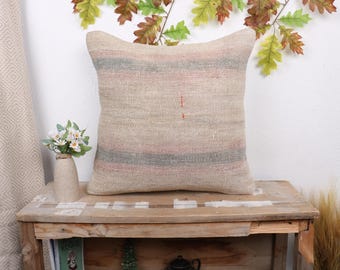 Cojín turco, cojín para sofá, funda de cojín boho de 20x20, cojín decorativo Kilim vintage, funda de cojín beige, cojín rústico boho de cáñamo