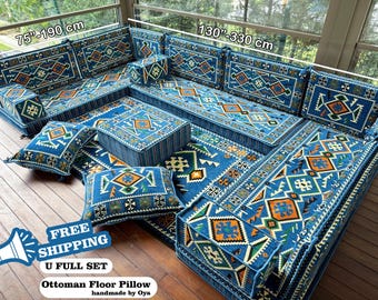 Traditional Floor Sofa, Ottoman Floor Seating, U-shaped Floor Cushion, Sectional Floor Seating, Kilim Pattern Pillow, Home Decor,