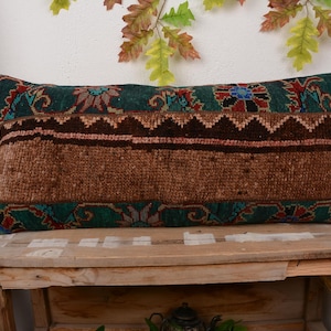 Turkish Pillow, Home Decor Pillow, 16x36 Kilim Cushion Sham, Throw Kilim Pillow, Green Pillow, Geometric Lumbar  Pillow, Rug Pillow,