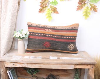 Turkish Pillow, Boho Pillow Sham Cover, 12x20 Vintage Kilim Throw Pillow, Pillow for Couch, Purple Pillow Cover, Rectangular Pillow,