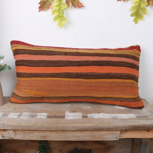 Vintage Kilim Pillow, Throw Kilim Pillow, 12x24 Home Decor Pillow, Gift Pillow, Orange Pillow Cover, Rectangular Pillow, Boho Stripe Pillow