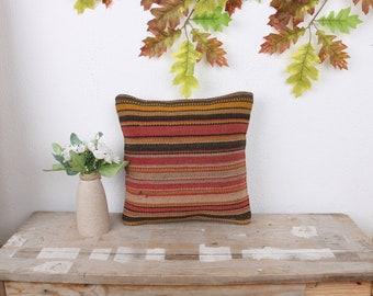 Antique Pillows, Pillow for Couch, 12x12 Handmade Kilim Cushion, Vintage Kilim Throw Pillow, Red Cushion, Classic Stripe Design Pillow,