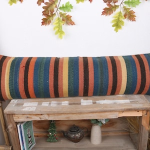Kilim Pillow, Vintage Kilim Pillow, 12x42 Pillow for Couch, Pillow for Sofa, Blue Pillow Cover, Bohemian Lumbar Pillow, Striped Pillow,
