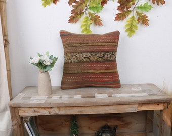 Interior Designer Pillow, Pillow for Couch, 14x14 Home Decor Pillow, Handmade Kilim Cushion, Brown Cushion Case, Contemporary Striped Pillow