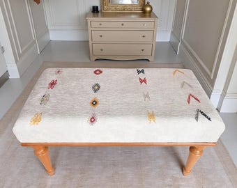 Handmade Upholstered Bench, Cream Ottoman Bench With Embroidered Motifs, Minimalist Entryway Bench, Bedroom Accent Furniture