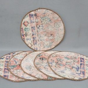 Kitchen Decor, Turkish Rug, Vintage Rug Underplate, Set Of Six, Dining Accessory, 14&quot;x14&quot; Table Decor, Rustic Rug Supla, Gift For Her,  6