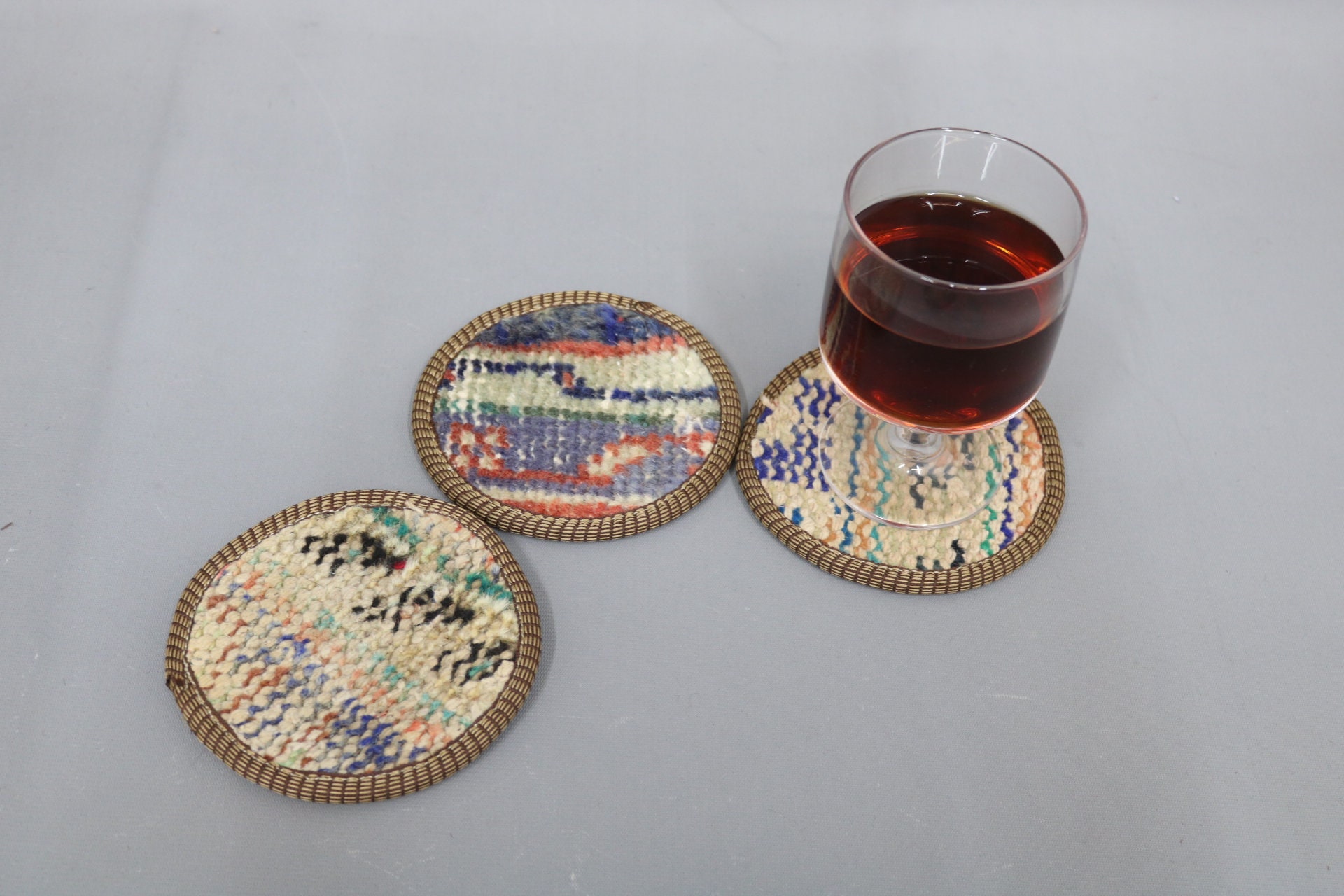 Table Rug Coasters Kitchen Decor, Set of Six, Round Coaster, Blue Coaster, Rug Coaster ...