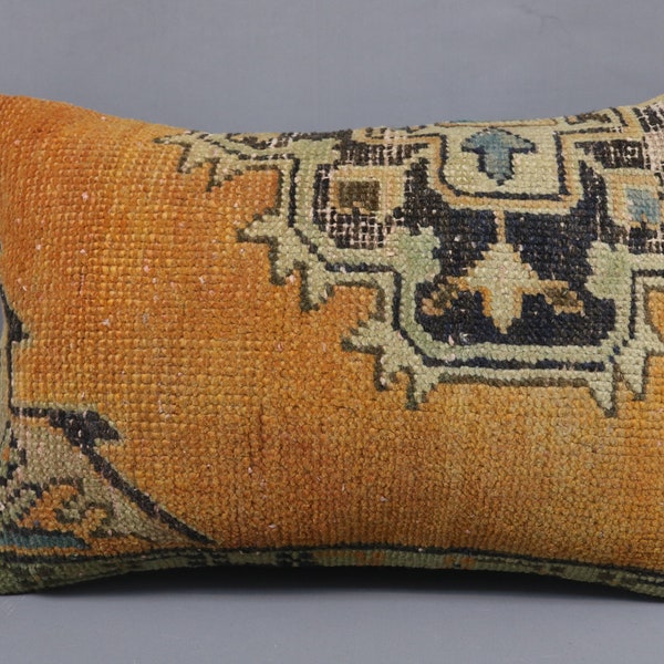 Antique Pillows, Body Pillow, Turkish Pillow, 16x24 Orange Pillow Cover, Rug Cushion Case, Sofa Bolster Cushion Case, Ottoman Cushion, 4888