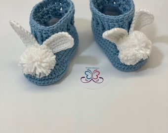 baby boy  booties,  baby crochet bunny shoes , bunny booties , white and blue