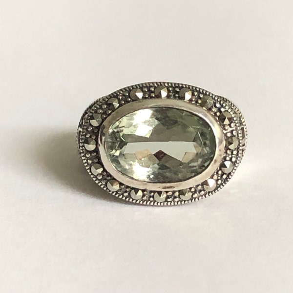 Size 8 Ring, Sterling Silver, Marcasite, Large, Very Pale Green Stone Ring, Vintage, Pre-Owned